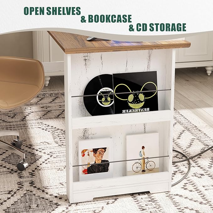 L Shaped Desk with Monitor Stand Farmhouse Computer Desk with Led Light and Power Outlet Executive Desk for Home Office Room Workstation with File Cabinet for Working Gaming Antique White