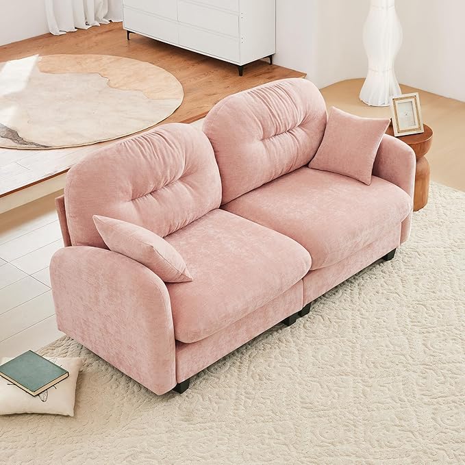 KEIKI 74 Oversized Chenille Modular Sectional Loveseat Sofa with High-Density Foam Cushions and Tufted Pleated Cushion Backrest Upholstered 2-Seater Cloud Couch with 2 Pillow for Living Room Pink