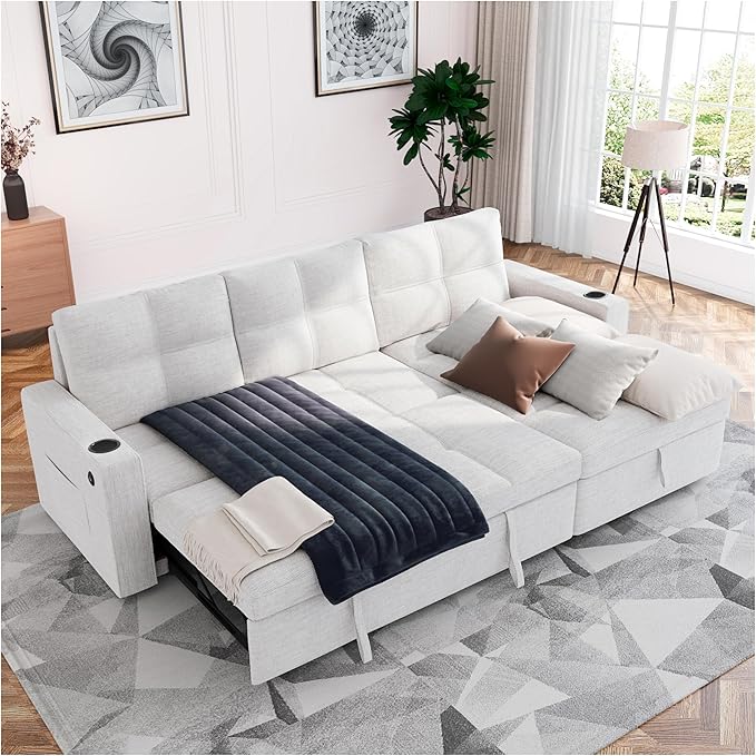 85 Inch Modular Sectional Sleeper Sofa Bed with StorageL Shaped Sectional Couches Bed with Pull Out Couch BedUSB ChargingCup Holders and Side Pocketsfor Living Room/Office/Apartment