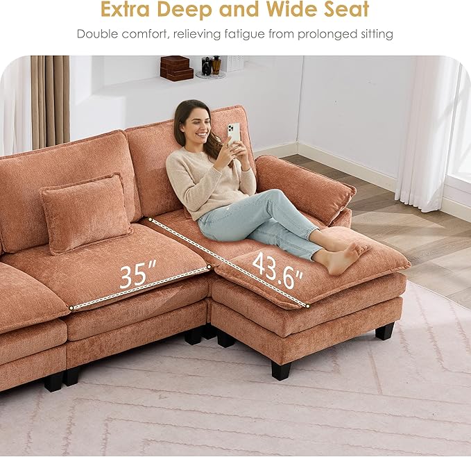 URRED Cloud Couch Modular Sectional Sofa 122 Modern U Shaped Deep Seat Sofa with 2 Ottomans &amp Pillows Ultra Comfy Chenille Couches for Living Room Bedroom or Apartment Orange