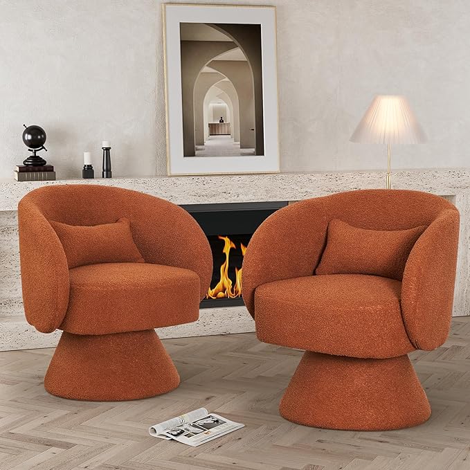 Swivel Barrel Chair Set of 2 Upholstered Swivel Cuddle Accent Chairs for Living Room Comfy 360°Small Round Boucle Sherpa Barrel Armchair for Bedroom Nursery (CaramelTeddy)