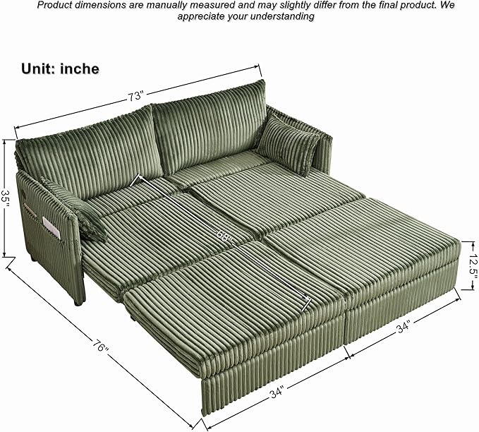 KEIKI 73 3-in-1 Pull Out Sofa Bed Convertible Corduroy Sleeper Sofa with USB Ports &amp Side Pockets Modern Futon Couch for Living Room Apartment or Bedroom Green