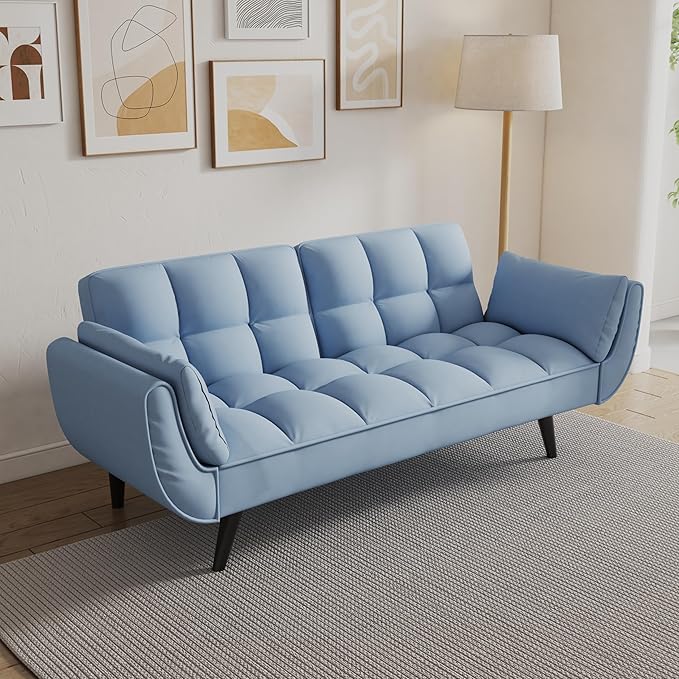 Olela Futon Sofa Bed Convertible Sleeper Couch 74 W Modern Velvet Loveseat with Adjustable Backrests and Solid Wood Legs for Living Room Bedroom Small Space (Light Teal)