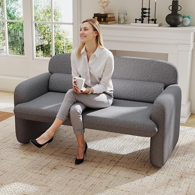 Furnimart Modern Loveseat Sofa 54 2-Seater Boucle Sofa Comfy Upholstered Minimalist Couch Small Couches for Small Spaces Apartment Office Living Room Bedroom Dorm Chenille Grey