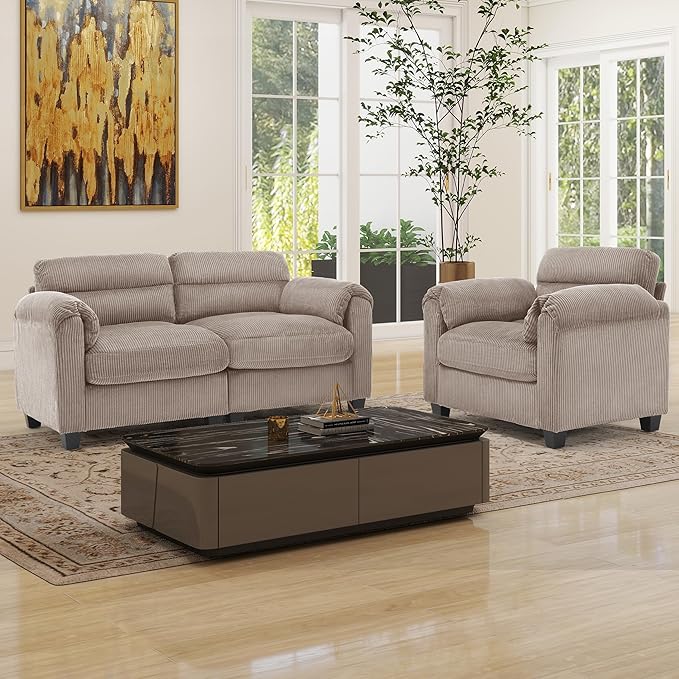Corduroy Sofa Set Upholstered Armchair and Loveseat with Plush Cushions and Rolled Arms Modern Living Room Furniture SetsBrown