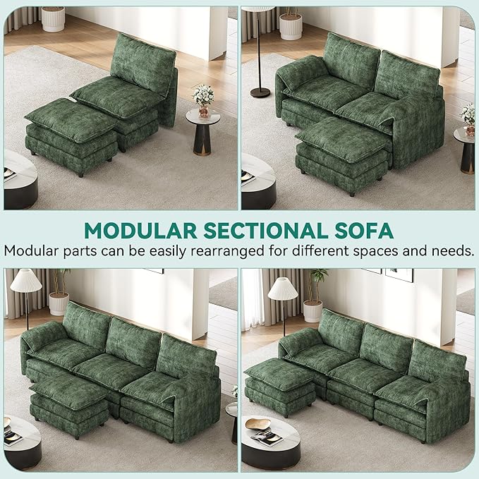 YITAHOME 108 Modular Sectional Sofa with Movable Ottoman Modern L Shaped Couch with Pillow-Armrest Velvet 4 Deep Seat Cloud Couch for Living Room Apartment Office Green