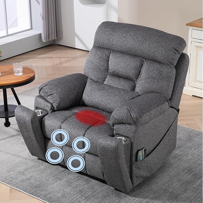 4-Motor Lay Flat Power Lift Recliner Chair with Heat &amp Massage - Power Adjustable Headrest Backrest Lumbar &amp Legrest - Big Tall Recliners 4-Point Massage (Seat Heating)