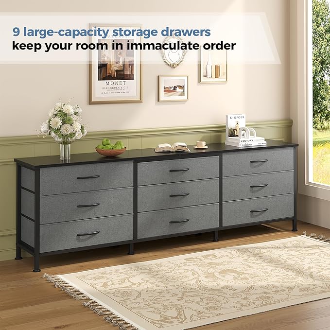 DUMOS TV Stands for Living Room Furniture with 9 Fabric Drawers Long Entertainment Center Up to 75 Inch TV Media Console Table with Storage for Bedroom Adjustable Feet Grey.