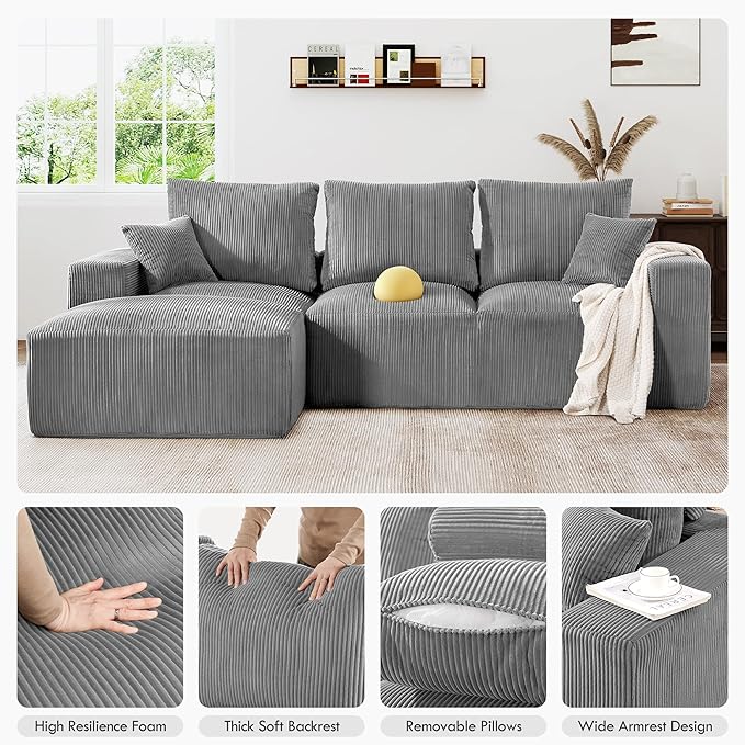108 Modular Cloud Sectional Sofa 17.8 Comfort Height &amp Neck Pillow Modern Corduroy Couch with L-Shape Oversized Chaise for Living Room Bedroom No Assembly Required (Grey)