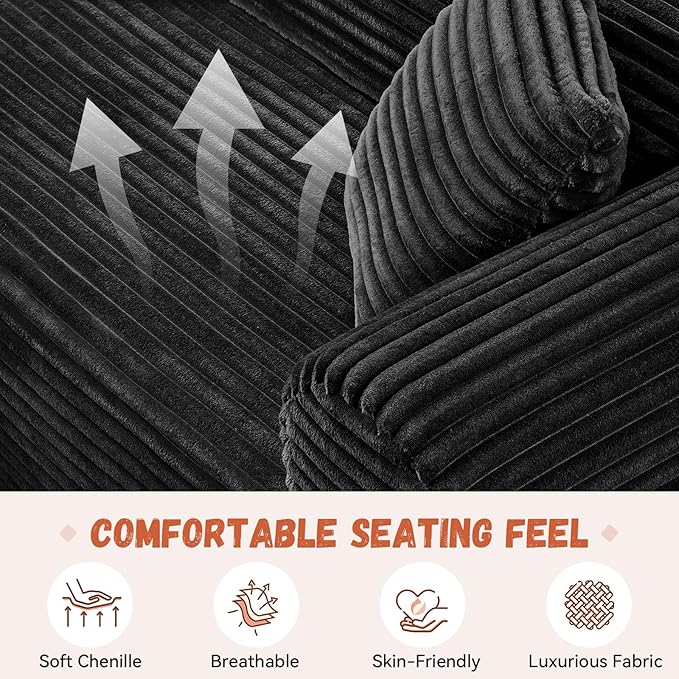 83 inch Cloud Boneless Couch for Living Room 3-Seater Sofa with Fixed-Shape Frame Single Sleeper Corduroy Sofa in A Box No Assembly Required Black