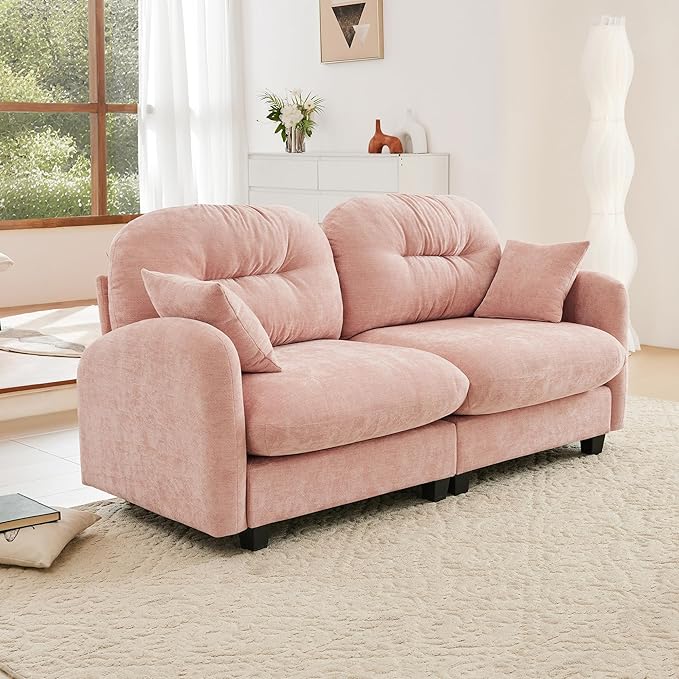 KEIKI 74 Oversized Chenille Modular Sectional Loveseat Sofa with High-Density Foam Cushions and Tufted Pleated Cushion Backrest Upholstered 2-Seater Cloud Couch with 2 Pillow for Living Room Pink