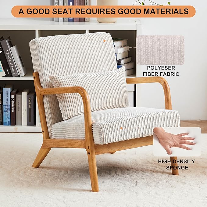 Furniliving Wooden Accent Chair Set of 2 for Living Room Upholstered Reading Chair with Sturdy Wood FrameCorduroy Lounge Armchairs for Bedroom Patio Furniture Beige
