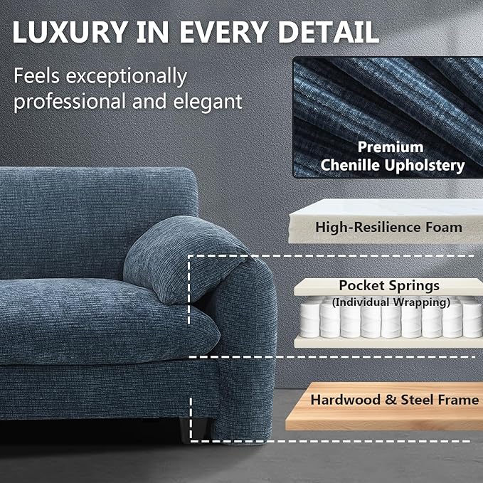 108 Side Storage Office Sofa L-Shaped Modular Sectional Sofa with Phone Holder &amp USB Blue Gray Chenille Fabric 4-Seat Business Couch with Movable Ottoman for Office Reception Commercial