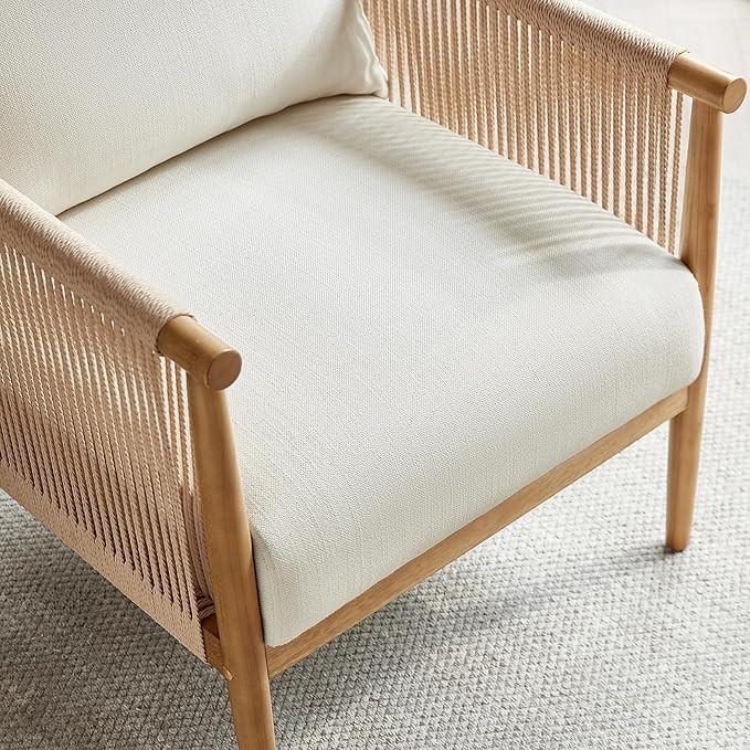 CHITA Braid Accent Chair Set of 2 Modern Armchair with Solid Wooden Armrest for Living Room and Bedroom Boho Reading Chair Cream