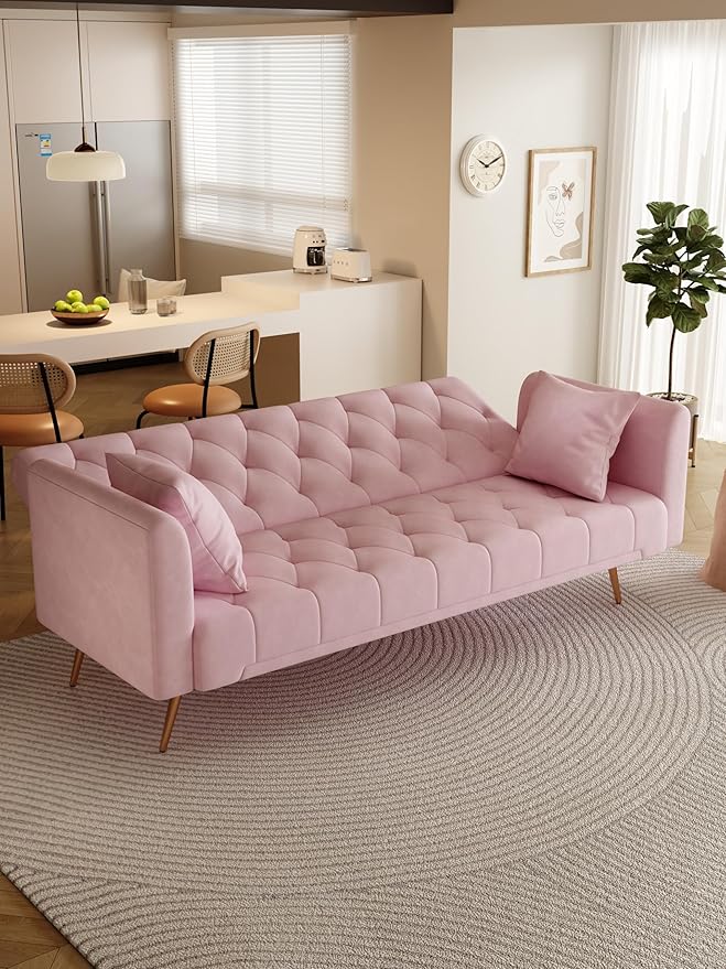 KEIKI 71 INCH Loveseat Sofa with Adjustable Backrest Upholstered 2 Seater Velvet Couch for Living Room Bedroom Office Apartment Pink