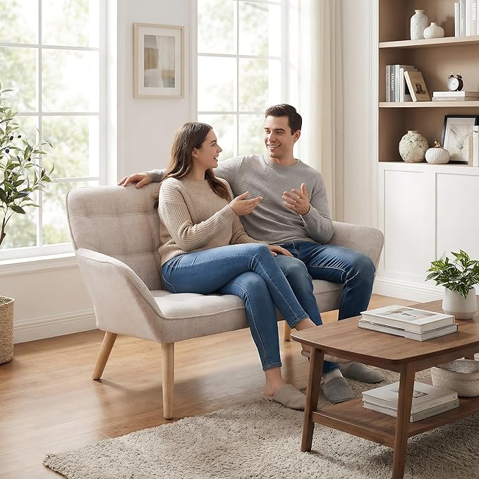 48”Small Loveseat Sofa Modern Linen Upholstered Mini Couch 2-Seater Fluffy Love Seat with Quilting Backs and Wood Legs for Small Space Living Room Bedroom Beige