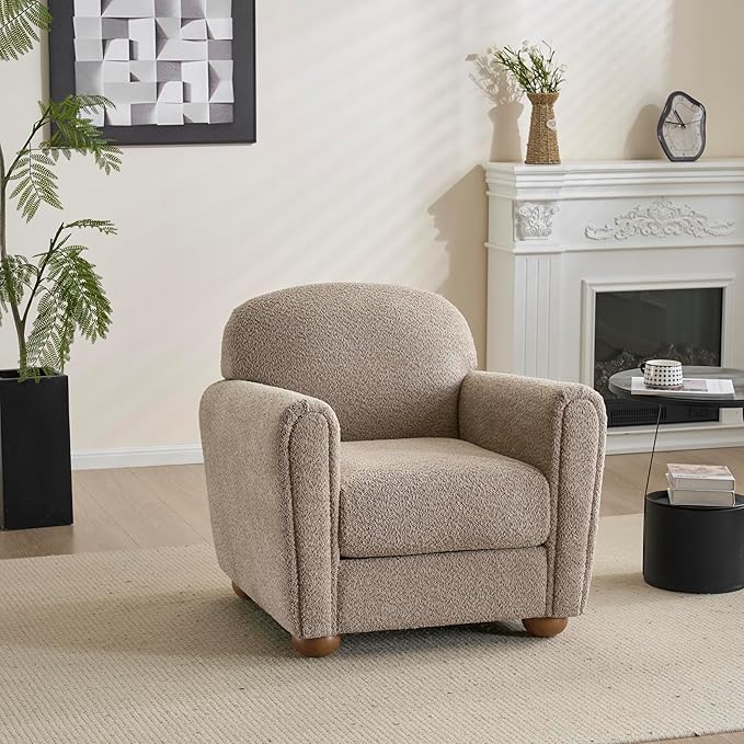 Christopher Knight Home Peysz Modern Accent Chair Boucle Upholstered Armchair with Rounded Wooden Legs Comfortable Single Sofa Soft Cushion Seating Lounge Chair Indoor Light Brown