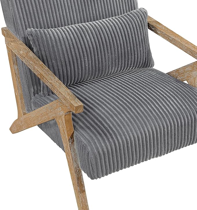 Lexicon Mid Century Modern Accent-Chair with Lumbar Pillow Brown Solid Wood Frame Comfy Corduroy Upholstered Lounge Arm Chair for Living Room/Bedroom/Office/Reading Nook Assembly Required Grey