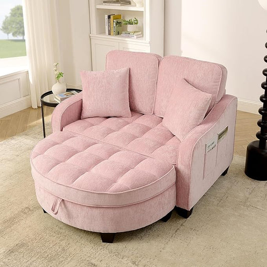 ERYE Chenille Tufted Loveseat Sofa and Ottoman Set Tufted Recliner Sleeper Chaise Lounge with Curved Storage OttomanReclining Backrest and Side Pockets 4 Pillows