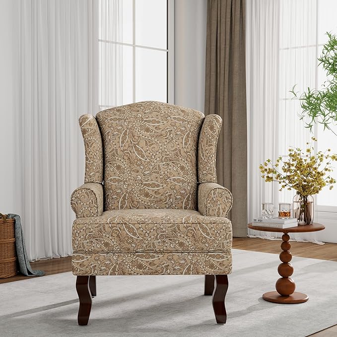 Lumibee High Back Accent Chair Comfy Armchair with Solid Wood Legs for Living Room Upholstered Accent Chair for Small Space Single Sofa Reading Chairs for Office-Paisley Brown