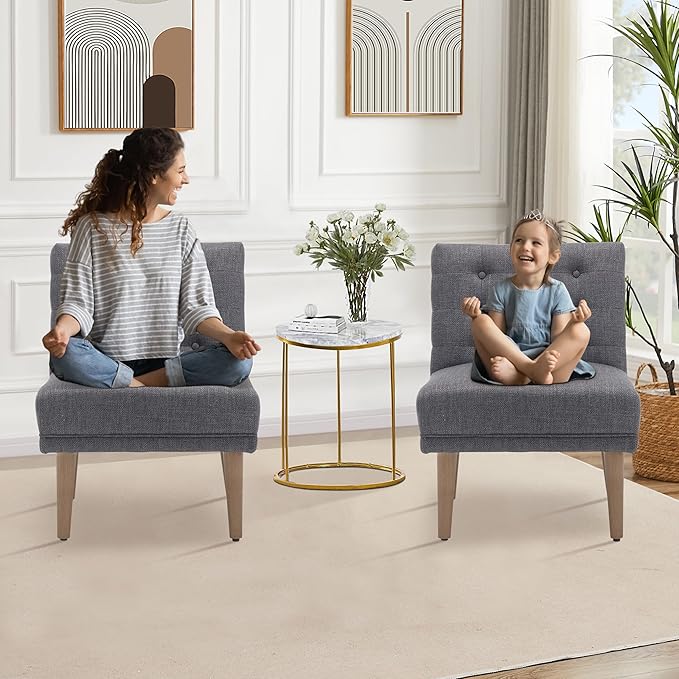 Accent ChairModern Armless Living Room ChairsComfy Upholstered Linen Makeup Vanity Chair with Solid Wood LegsArm Chairs for Reading in BedroomDark Grey