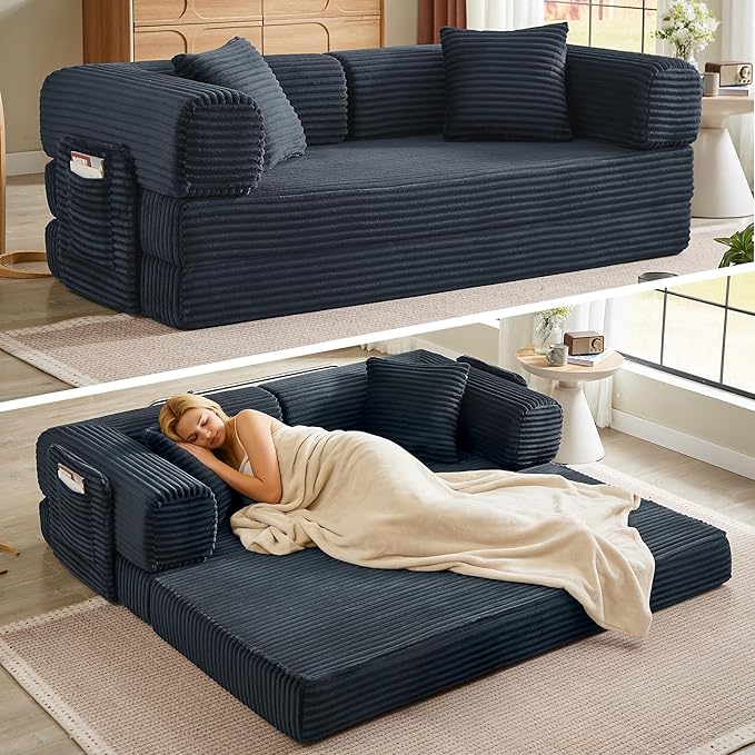 Boneless Couch Folding Couches for Living Room Sofa Futon Sofa Bed with Sleeper Sofa Futon Couch with Fixed-Shape Oversized Corduroy Upholstered (Dark Gray 81 Inches)