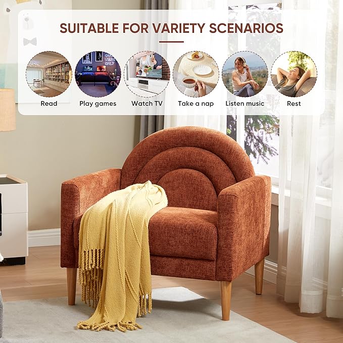 Accent Chair Reading Chair with Armrest Small Comfy Chair for Small Spaces Modern Linen Upholstered Armchair for Bedroom &amp Living Room Single Sofa Chair with Wood Legs Easy Assembly (Ocher)