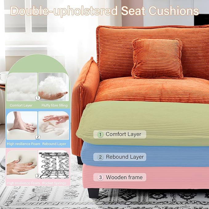 46 W Oversized Chair with Ottoman - Comfy Accent Chair and Ottoman Set Corduroy Large Armchair with Extra Thick and Deep Seat Cloud Chaise Lounge for Living Room (Orange Red)