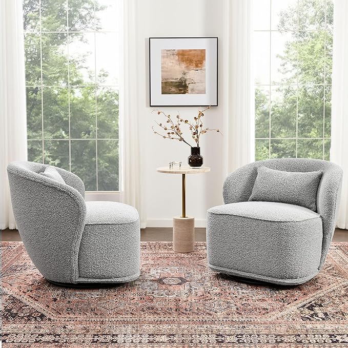 KINWELL 33 W Mid Century Modern Swivel Barrel Chair Set of 2 Upholstered Boucle Swivel Accent Chairs No Assembly Sofa Chair with Toss Pillow for Living Room Bedroom Reading Nursery (Black White)