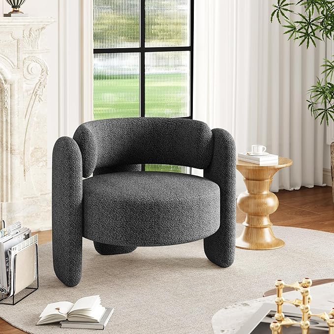 Cozy Oversized Barrel Accent Chair in Modern Mid-Century Boucle Chair Fabric Round Open Back Lounge Armchair for Reading Corner Bedroom Living Room and Apatment Decor Deep Gray