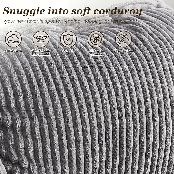 QQU Lazy Chair with Ottoman Corduroy Lounge Armchair Reading Chair with Footrest for Living Room Balcony Study (Grey)