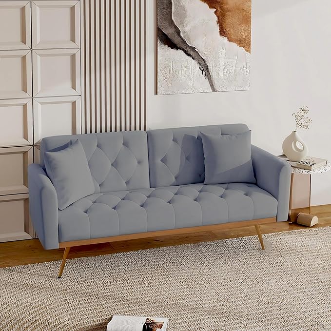 Modern Velvet 2 in 1 Futon Sofa BedConvertible Folding Sleeper Bed Couches with 2 Pillows73 Tufted Recliner Love Seat with Golden Chrome Legs for Living Room Apartment Office (Grey-New)
