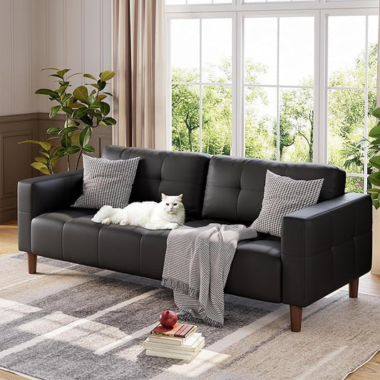 GarveeHome 3-Seater Sofa Couch 83 Wide Faux Leather Sofa Couch with Spring Cushion Modern Sofa with Deep Seats and 2 Removable Back Cushions for Living Room Apartment Office Modern Black