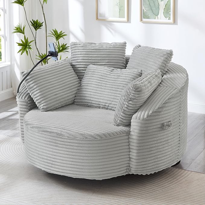 360° Swivel Accent Chair with 5 Throw Pillows Adjustable Phone Holder Corduroy Fabric Round Sofa Chair Barrel Chair with Semi-Wraparound Design for Living Room Office and Hotel (Light Gray1)