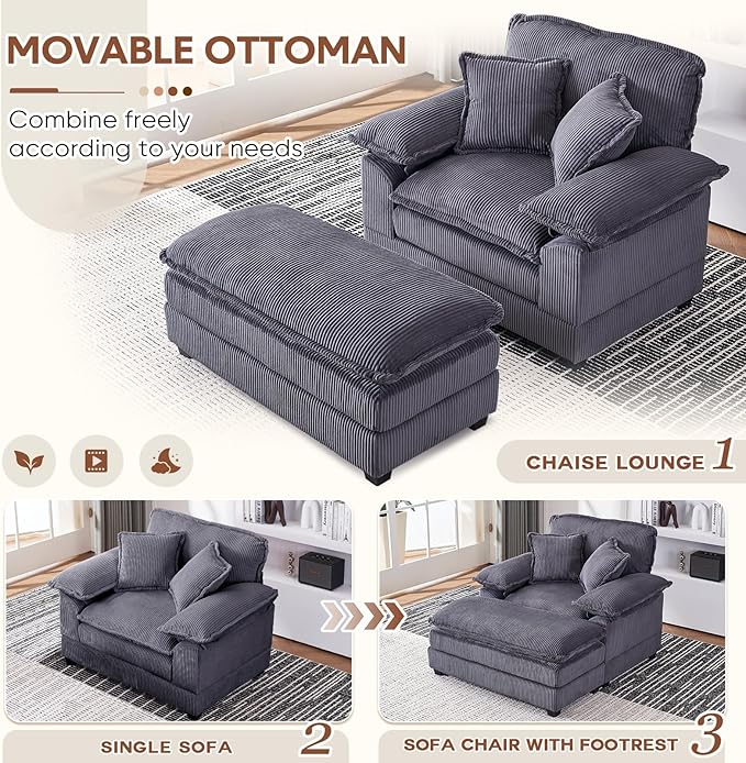 Oversized Chaise Lounge Indoor 56.3 Big Comfy Modern Sleeper with Removable Ottoman Wide Armrest and 2 Pillows Corduroy Couch with Deep Seat Lounge Chair for Living Room Reading Bedroom (Grey)