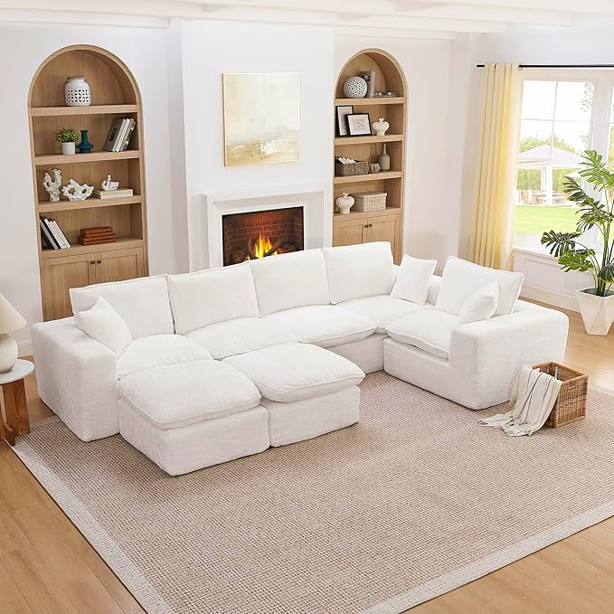 L-Shaped Boneless Modular Sectional Cloud Couches 7 Seat Modular Boucle Floor Foam Boneless Sofa Couch with Ottomans Headrest Pillows and Removable Cushions