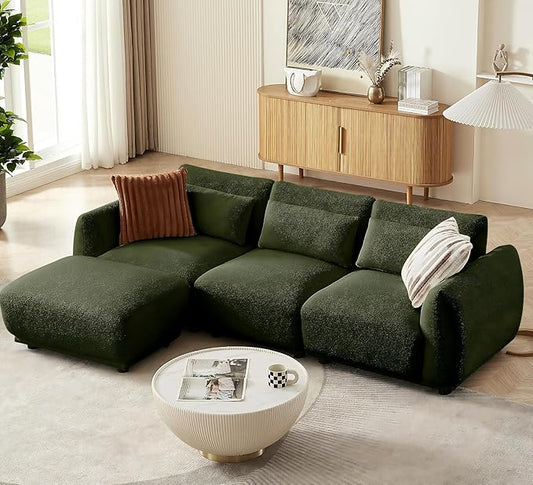 L Shaped Modular Sectional Couch with Removable Ottoman Convertible Cloud Sofa for Living RoomComfort Small Couch for Small Spaces(3 Set + 1 Ottomans - Green)