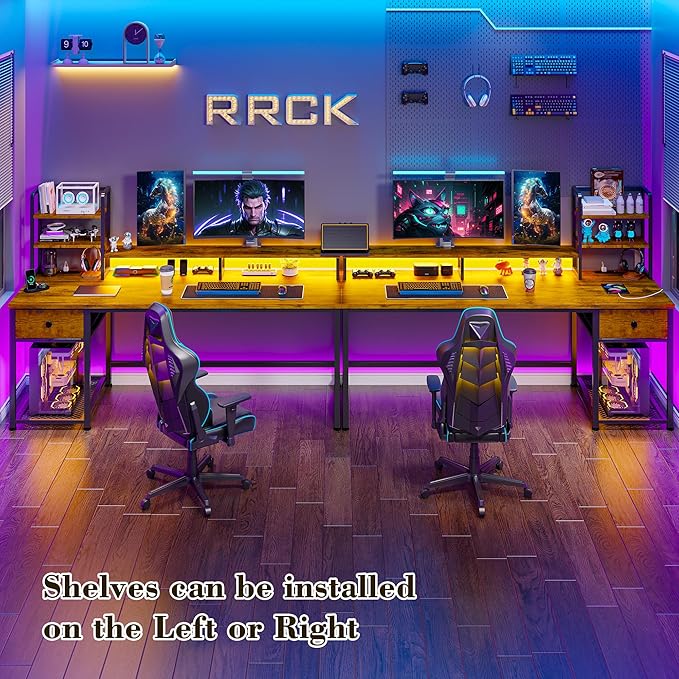 EnHomee 55 Inch Computer Desk with Hutch and DrawersReversible Home Office Desk with Monitor ShelfGaming Desks with USB Power OutletsWriting Gaming Table for Office with LED LightsRustic Brown