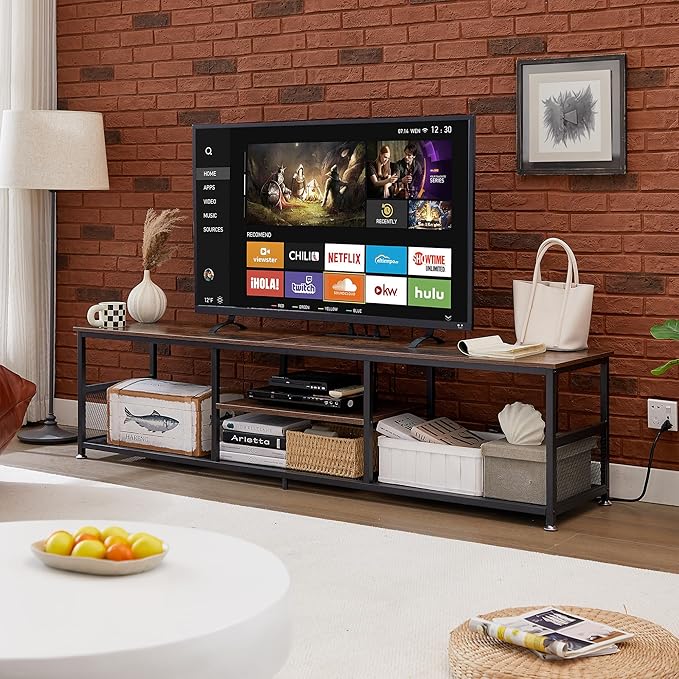 VECELO TV Stand with Power Outlets for Televisions up to 75Inch 62 Media Entertainment Center with Charging Station 3-Tier Open Storage Shelves with Metal Frame for Living Room/BedroomBrown
