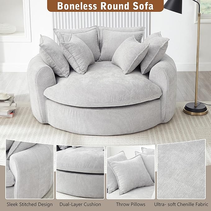 Merax 59.8 Full-Compressed Round Chaise Sofa Boneless Loaf Style Chenille Upholstered Sofa Bed with 8 Throw Pillows for Living Room Light Grey