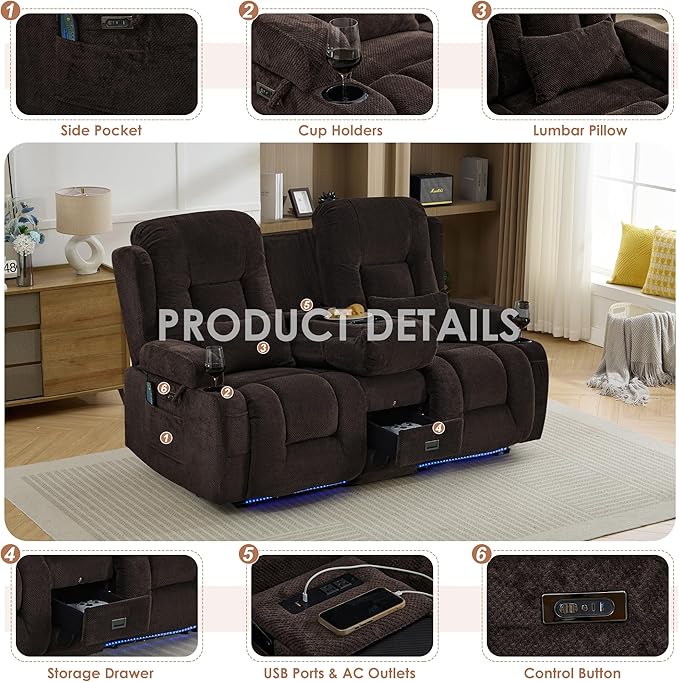TUNYI Wall Hugger Loveseat Recliner Sofa with Console Power Reclining Loveseat RV Couch with Massage &amp Heat/USB/Outlet/Storage/LED Light/Speaker (Brown)