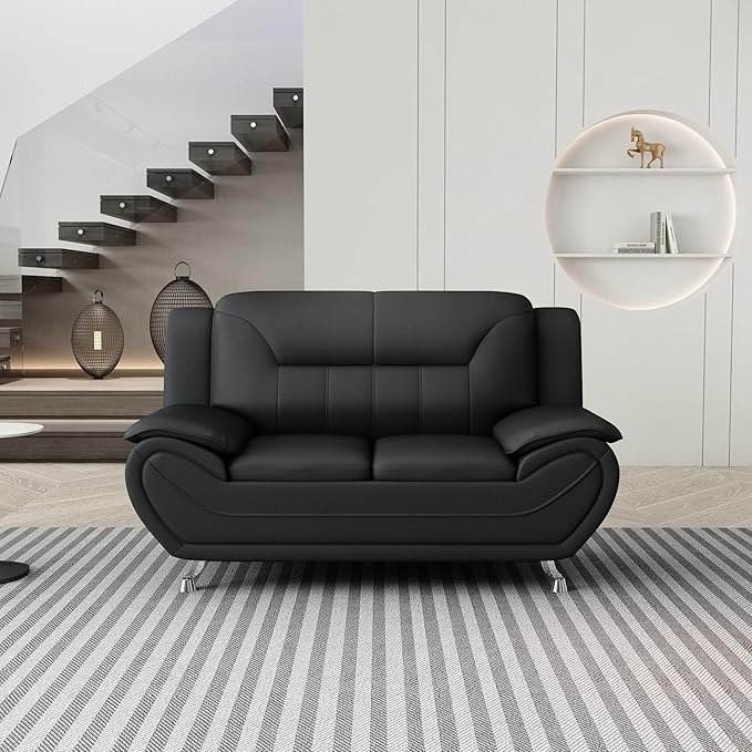 Michael Modern Faux Leather Upholstered Stainless Steel Legs Living Room Loveseat Midnight Black