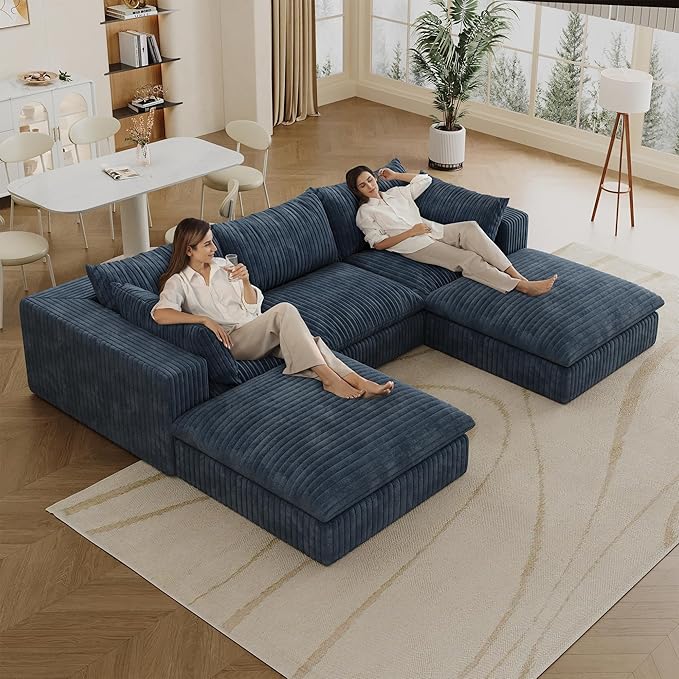 118.2 U Shaped Modular Boneless Sofa with 2 Ottomans Cloud Sectional Couches for Living Room Deep Seat Corduroy Upholstered Couch Furniture Set No Assembly Required (Blue 3 Seater+2 Ottoman)