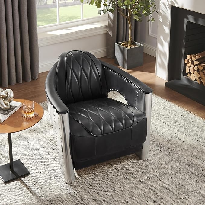 Zouron Vintage Leather Accent Chair Upholstered Living Room Chair with Aluminum Legs and Handcrafted Rivets Genuine Leather Single Sofa Chair Barrel Aviator Chair Black