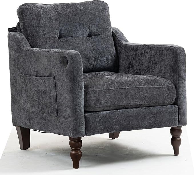 Ball &amp Cast Mid-Century Accent Chair for Living RoomReading Chair for Bedroom with USB Ports&ampSide PocketModern Accent Arm Chair W/Wide Backrest&ampRetro Wood LegsChenille Upholstered Comfy