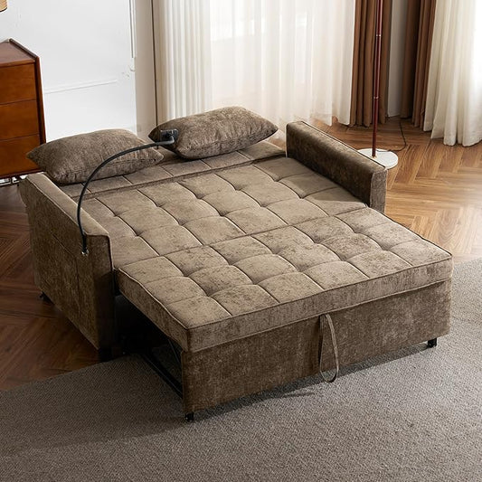 Harper &amp Bright Designs 56.9 Modern Convertible Sleeper Sofa Bed Loveseat Sofa Couch with a Reversible Backrest Cushion Side Pockets Two USB Ports and a Phone Holder for Living Room Brown