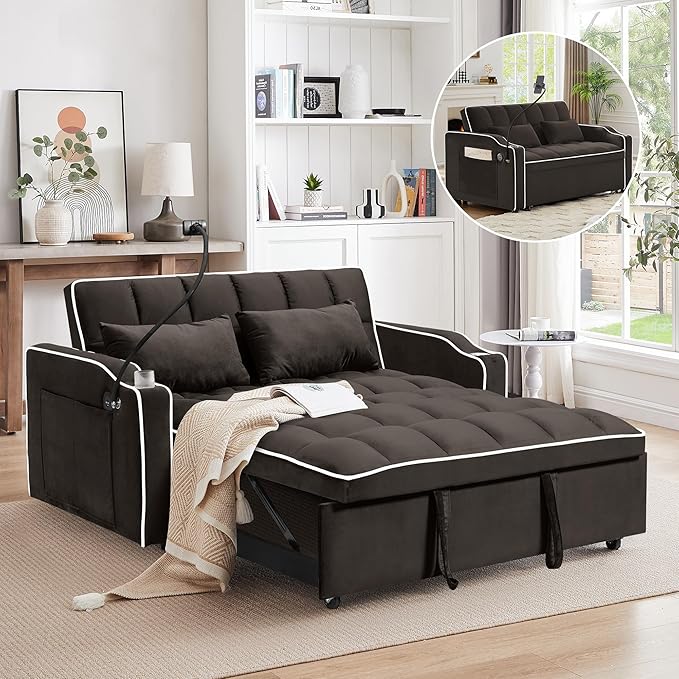 TTK 3-in-1 Convertible Velvet Sleeper Sofa Bed Pull-Out Loveseat with Adjustable Backrest USB Port &amp 2 Pillows Swivel Phone Stand &amp Storage Pockets Modern Futon Couch for Living Room (Brow
