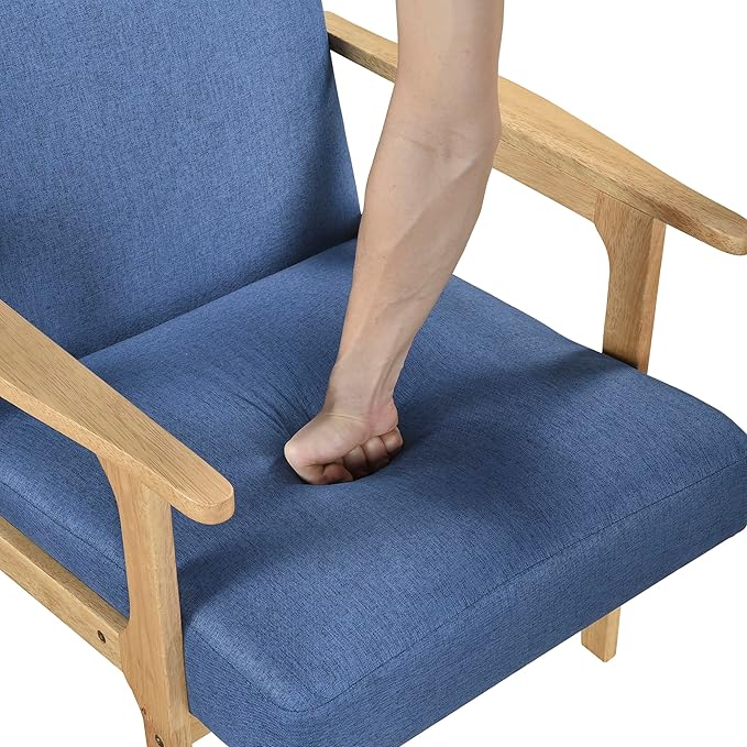 Lexicon Mid Century Modern Accent Chair Upholstered Lounge Armchair Single Sofa Seat Natural Finish Solid Wood Framed Comfy Side Chairs for Living Room/Bedroom/Office/Waiting Area Blue