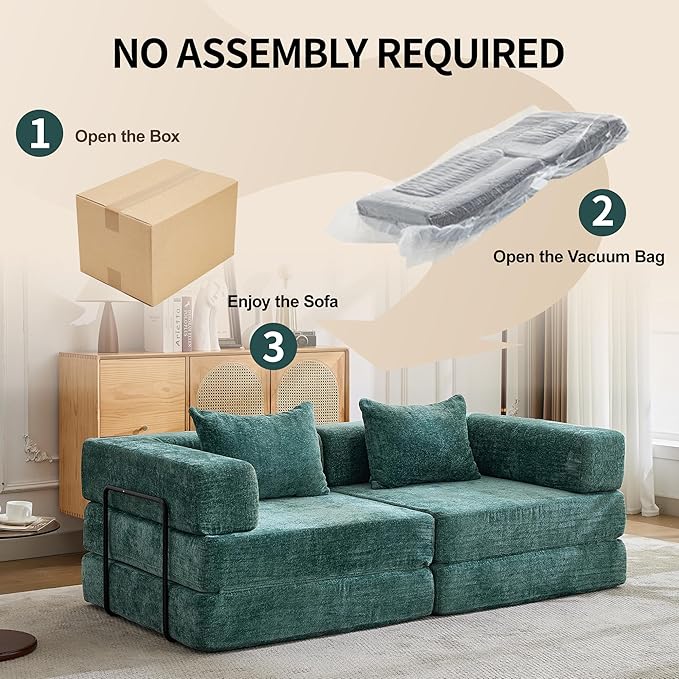 Convertible Floor Sofa Bed 3-Seat Modular Sectional Chenille Fabric No Assembly Required 118 inches Beige (2 Dark Green)