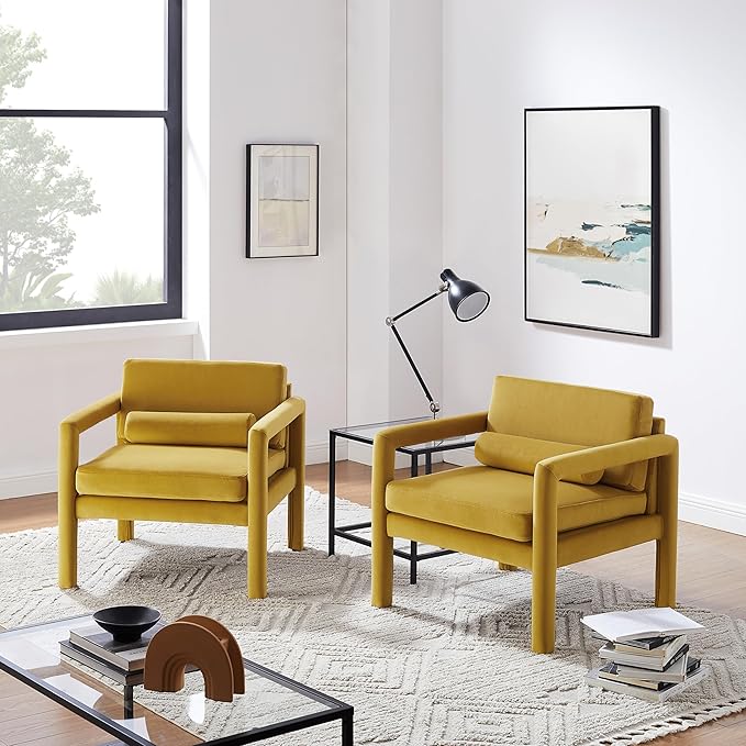 Art Leon Modern Velvet Upholstered Arm Chairs Set of 2 Living Room Accent Chairs with Pillow Yellow